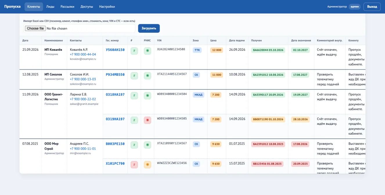 CRM для оформления грузовых пропусков