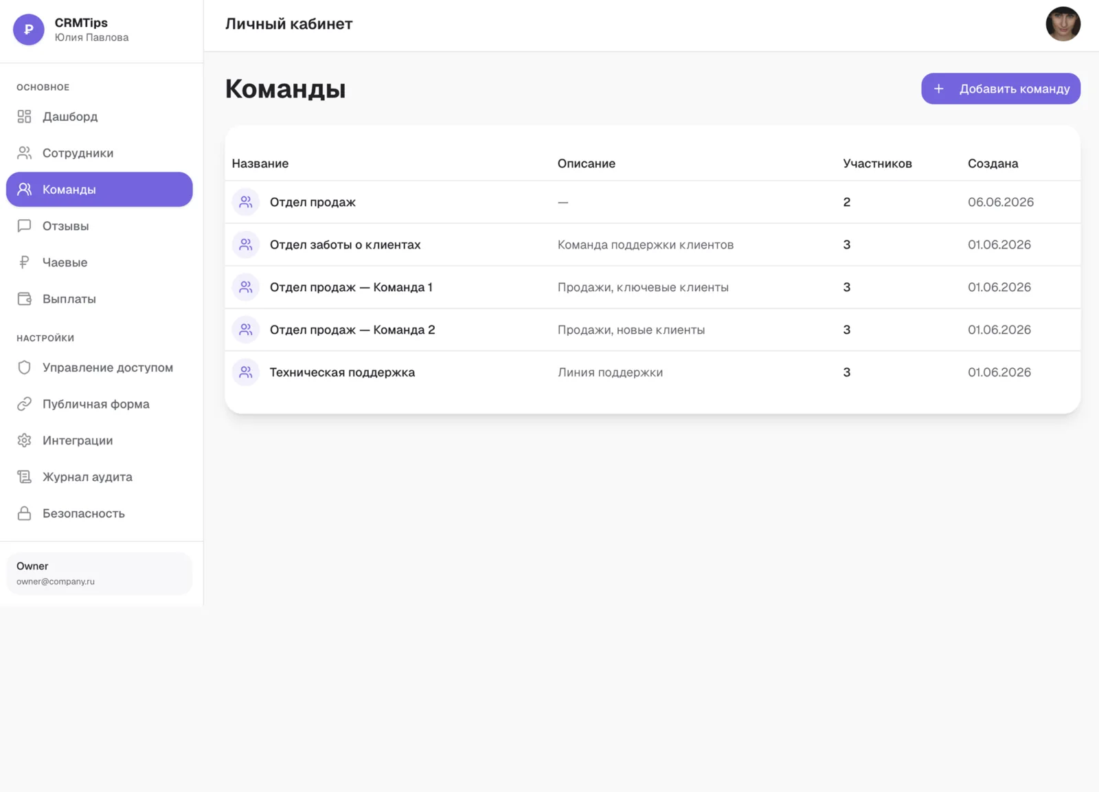 crmTips — команды в кабинете компании